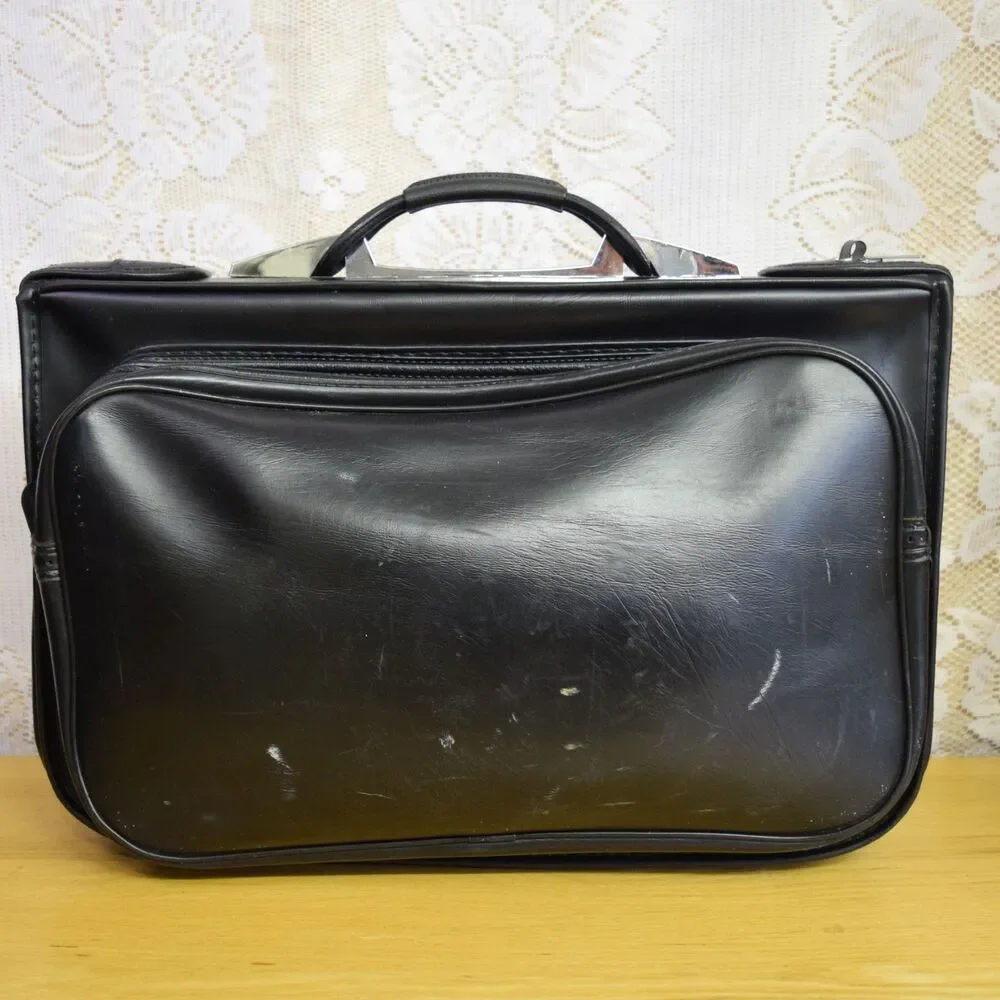 1960s Mid Century Vintage Suitcase Black Naugahyde Serval Zipper USA Garment Bag